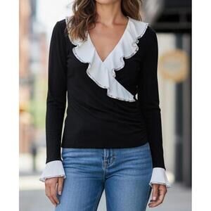 White House Black Market Womens Black and White Long Sleeved Ruffle Wrap Top - S